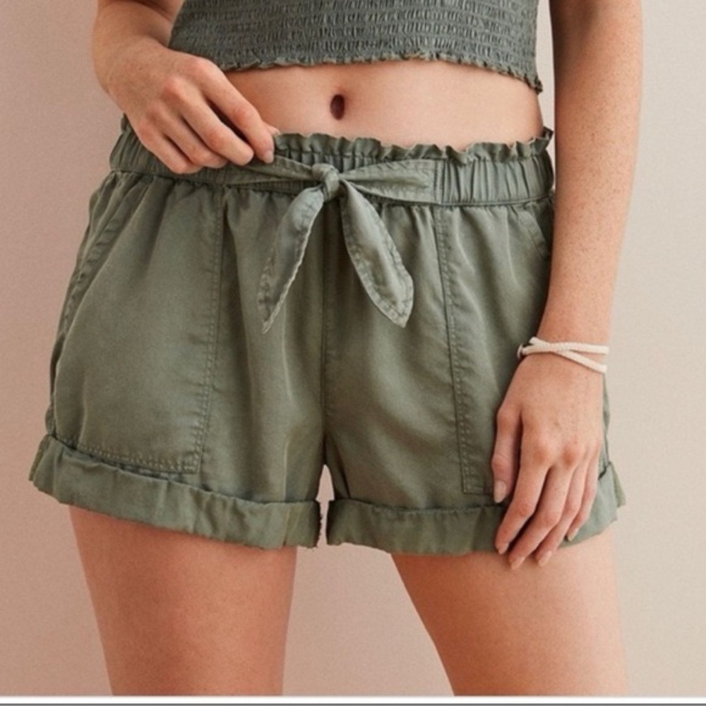 Aerie High Waist Pull On Elastic Waist Shorts Army Green Front Tie Detail